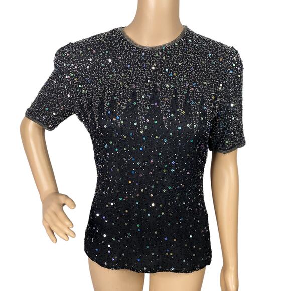 Patra Vtg Black Silver Iridescent Beaded Sequin Short Sleeve Blouse SZ PS - Picture 1 of 11